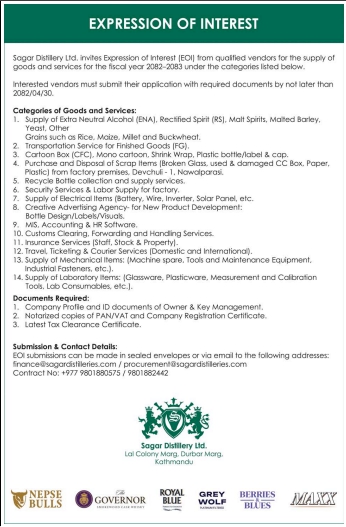 Call For Expression Of Interest (EOI) For Vendor Registration For FY 2082/083