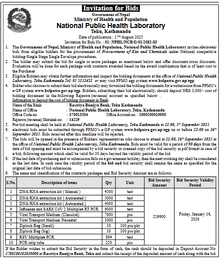 Invitation For Bids For Procurement Of Kits And Chemicals