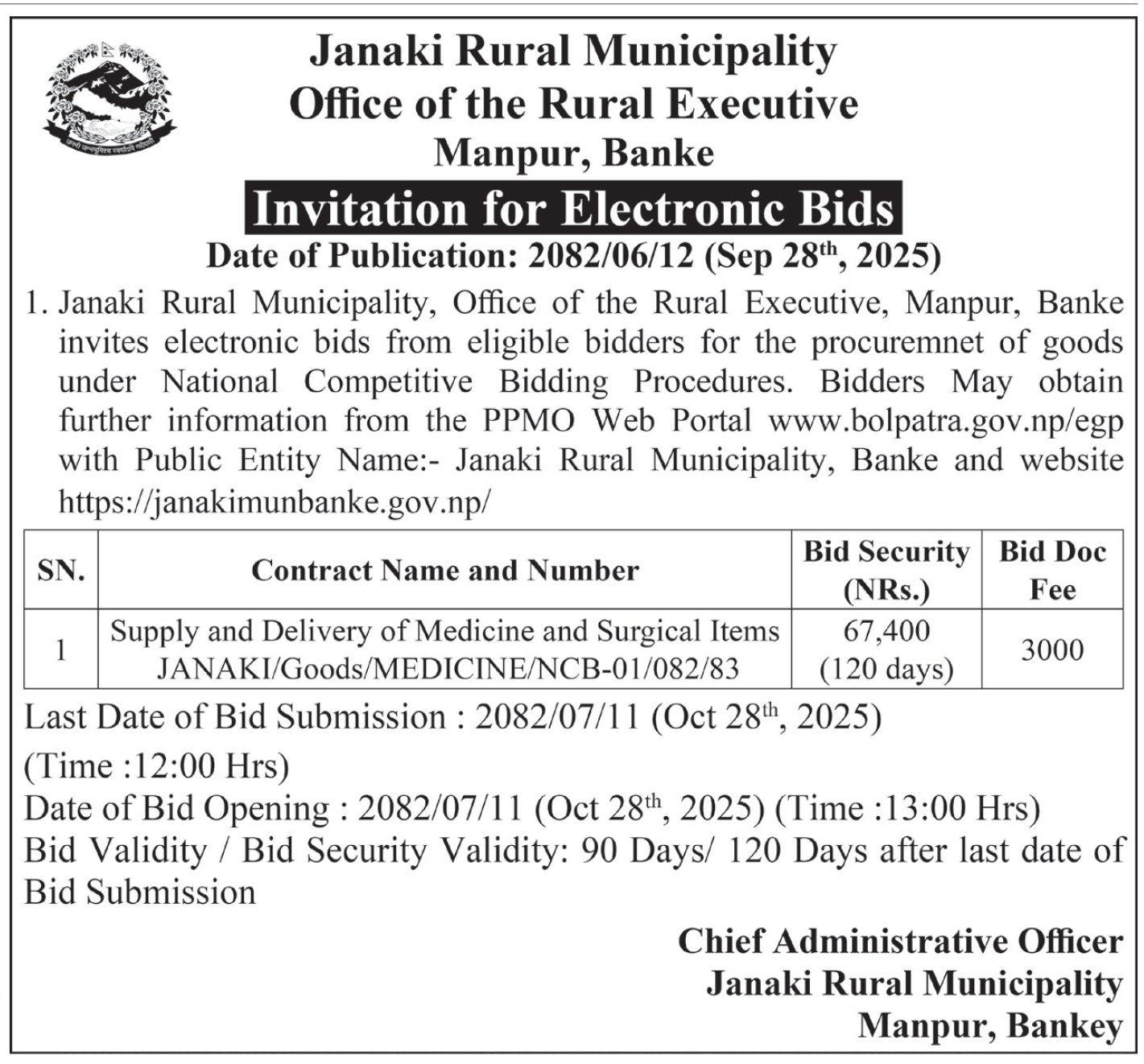 Invitation For Electronic Bids For Supply And Delivery Of Medicine And Surgical Items