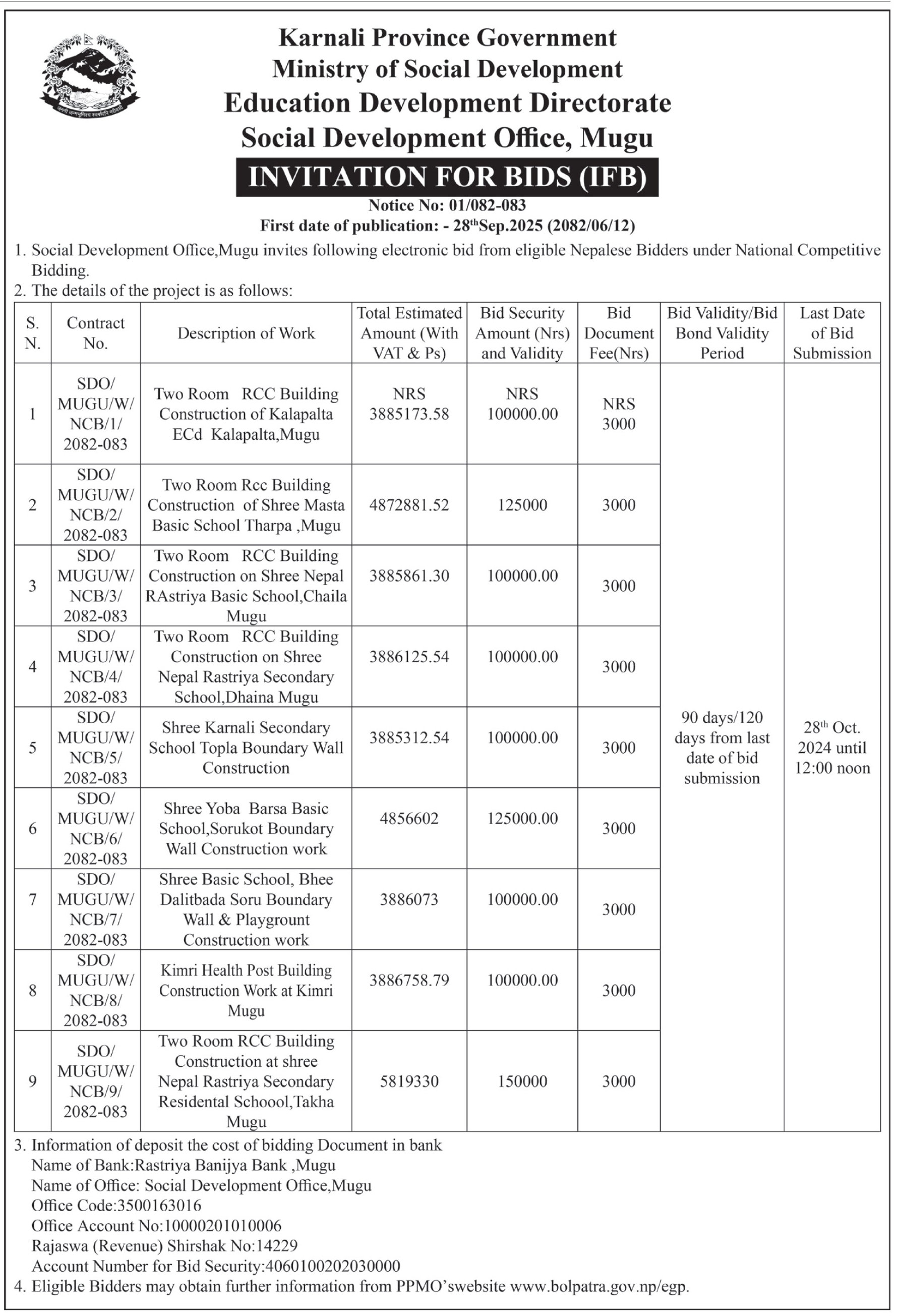 Invitation For Bids For Construction Of School Buildings, Boundary Walls, And Health Post In Mugu District, Karnali Province