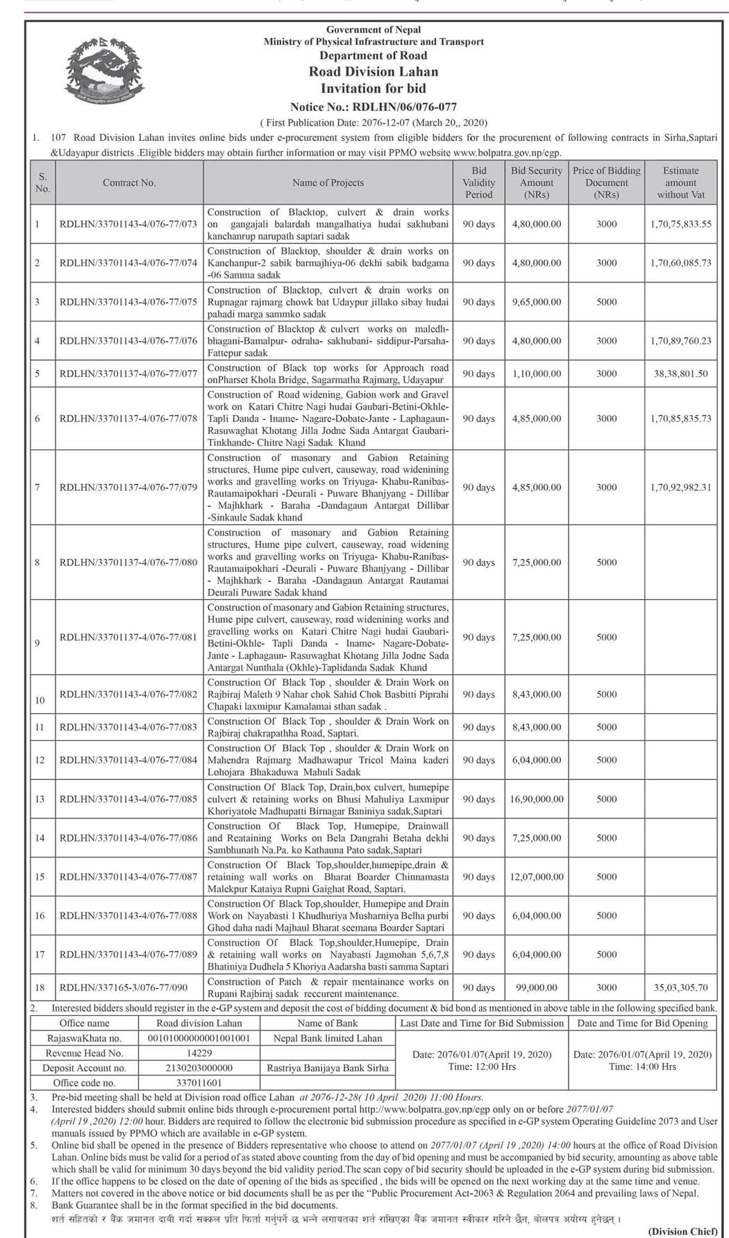 Road Division Lahan - Construction of  masonary and Gabion Retaining structures, Hume pipe culvert, causeway, road widening works and gravelling works on Triyuga- Khabu- Ranibas- Rautamaipokhari- Deurali- Puware Bhanjyang- Dillibar- Majhkhark- Baraha