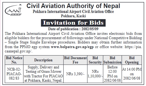 Invitation For Bids For Supply, Delivery And Testing Of Grass Mower With Tractor