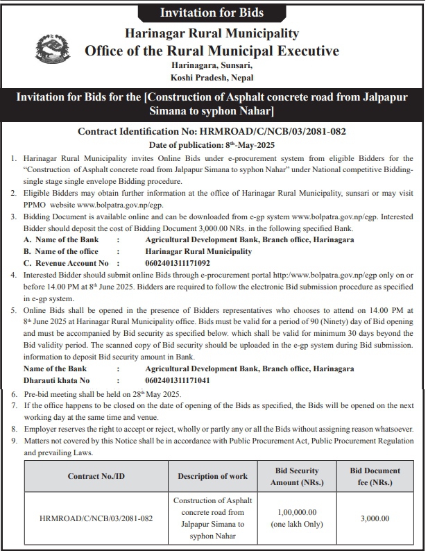 Invitation for Bids for the Construction of Asphalt Concrete Road from Jalpapur Simana to Syphon Nahar