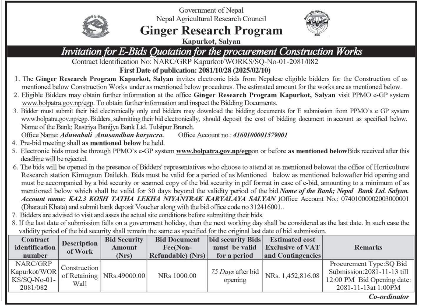 Invitation for E-Bids Quotation for the Procurement Construction Works
