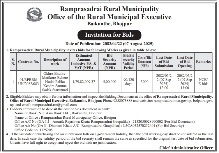 Invitation For Bids For Road Upgrading Project