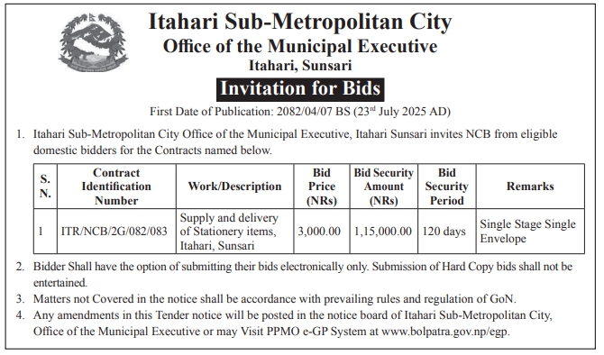 Invitation For Bids For Supply And Delivery Of Stationery Items