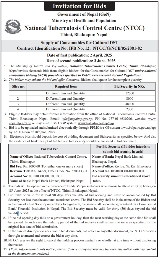 Invitation For Bids For Supply Of Consumables For Cultural Drug Susceptibility Testing