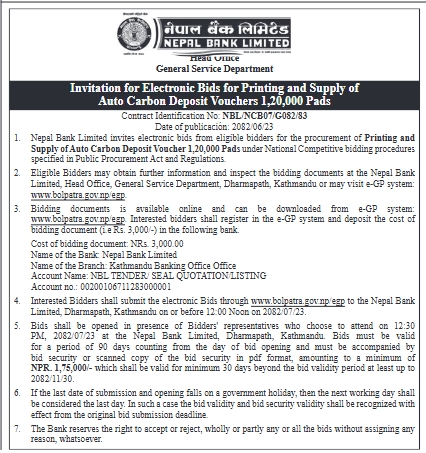 Invitation For Electronic Bids For Printing And Supply Of Auto Carbon Deposit Vouchers
