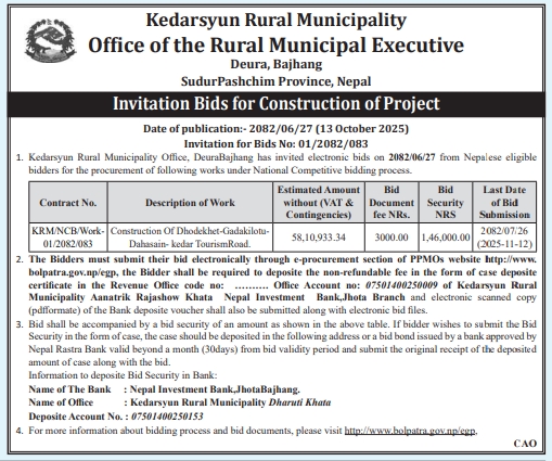 Invitation For Electronic Bids For Construction Of Dhodekhet-gadakilotu-dahasain-kedar Tourism Road – Kedarsyun Rural Municipality, Bajhang