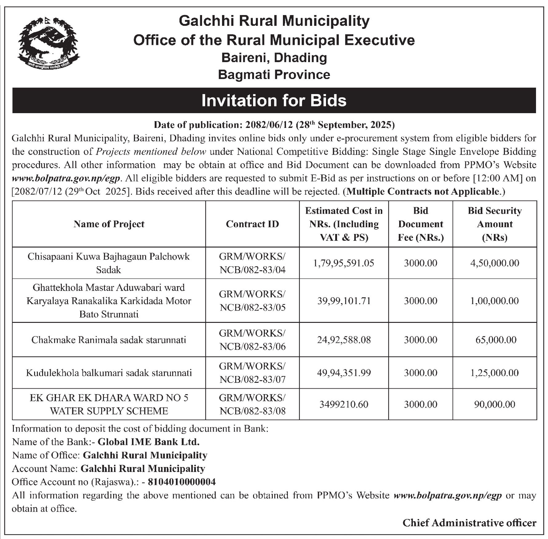 Invitation For Bids For Road Upgrading And Water Supply Projects In Galchhi Rural Municipality, Dhading