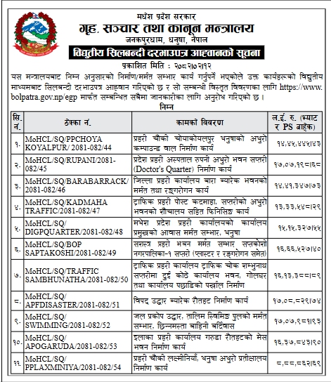 विद्युतीय सिलबन्दी दरभाउपत्र आह्वानको सूचना