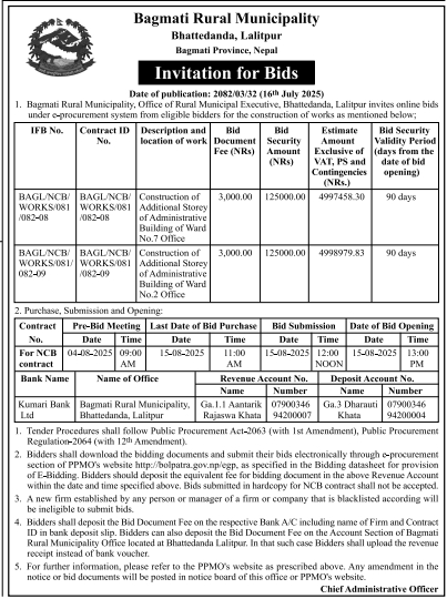 Invitation For Bids For Construction Works – Additional Storey Of Ward Offices, Bagmati Rural Municipality