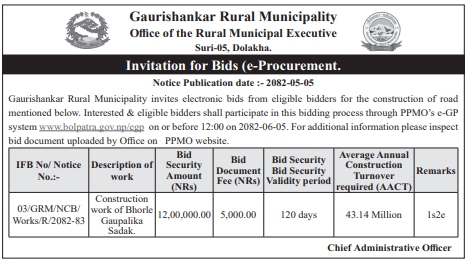 Invitation For Bids For Construction Of Road Under Gaurishankar Rural Municipality