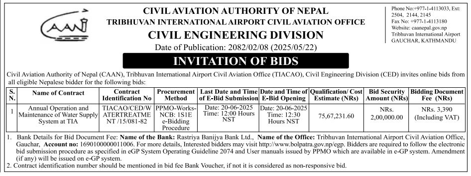 Invitation Of Bids For Annual Operation And Maintenance Of Water Supply