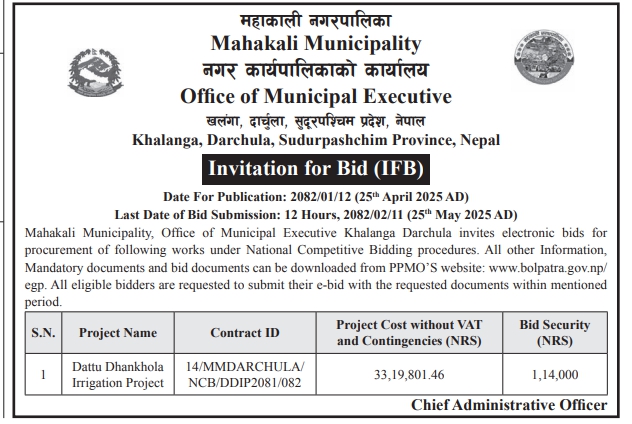 Invitation for Bid for Dattu Dhankhola Irrigation Project