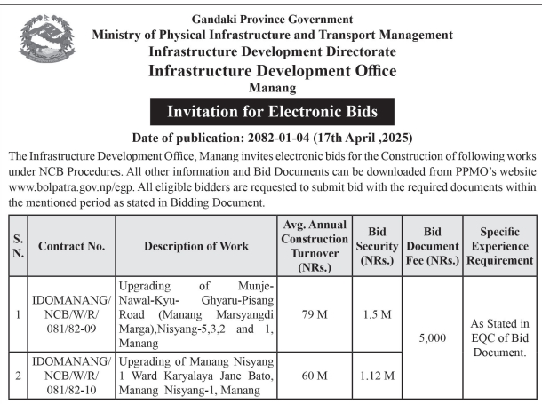 Invitation for Electronic Bids for Upgrading Works in Manang