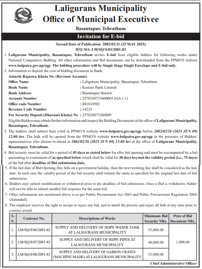 Invitation For E-bid For Supply And Delivery Of Items