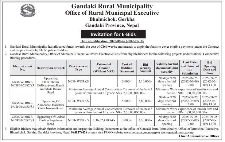 Invitation For E-bids For Upgrading Of Roads, Gandaki Rural Municipality