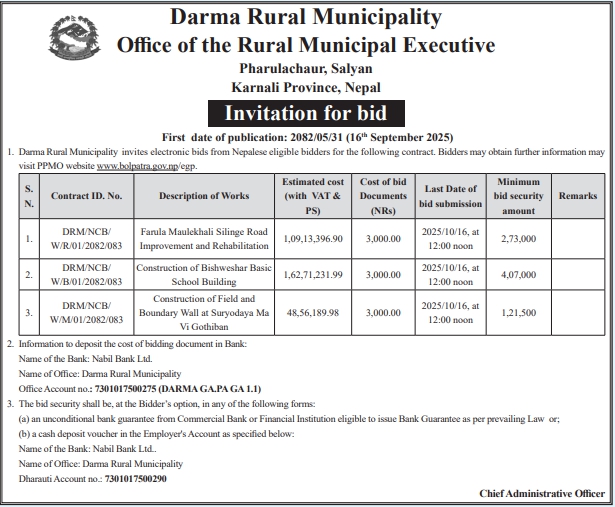 Invitation for Bid For Darma Rural Municipality
