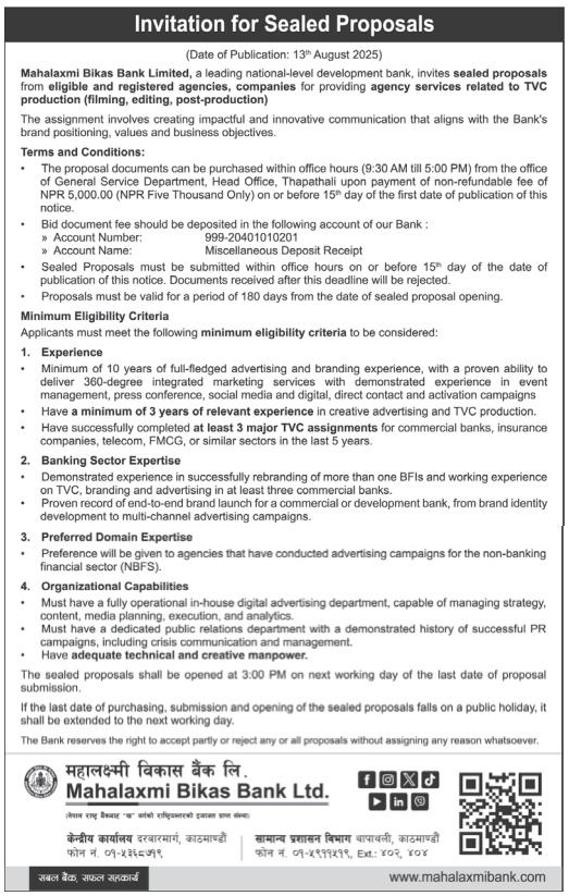 Invitation for Sealed Proposals for TVC Production
