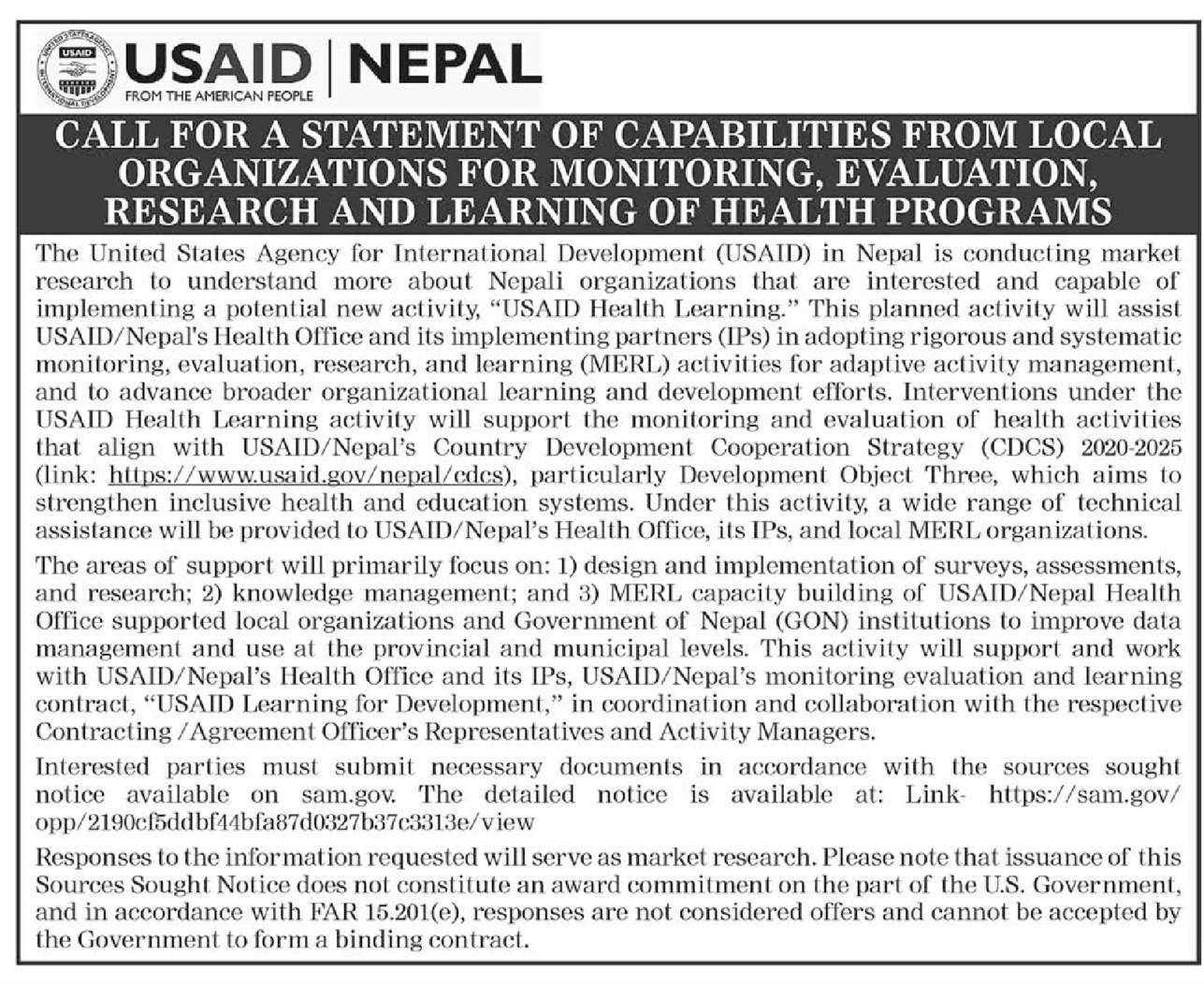CALL FOR A STATEMENT OF CAPABILITIES FROM LOCAL ORGANIZATIONS FOR MONITORING, EVALUATION, RESEARCH AND LEARNING OF HEALTH PROGRAMS
