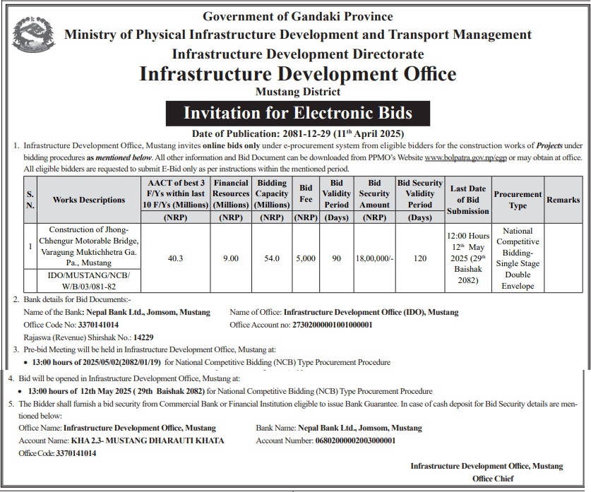 Invitation for Electronic Bids for Construction of Motorable Bridge