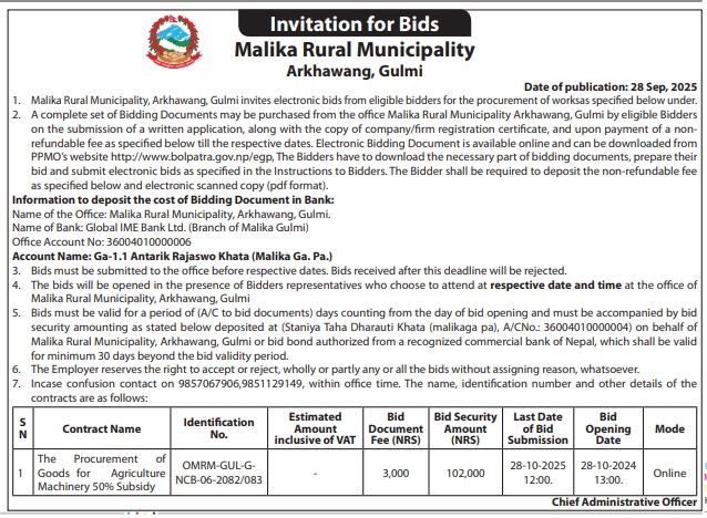 Invitation For Bid For The Procurement Of Goods For Agriculture Machinery
