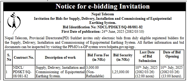 Invitation For Electronic Bids For Supply, Delivery, Installation, And Commissioning Of Equipotential Earthing System