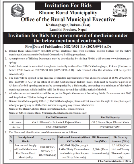 Invitation for Bids For Procurement Of Medicine Under the Below Mentioned Contracts