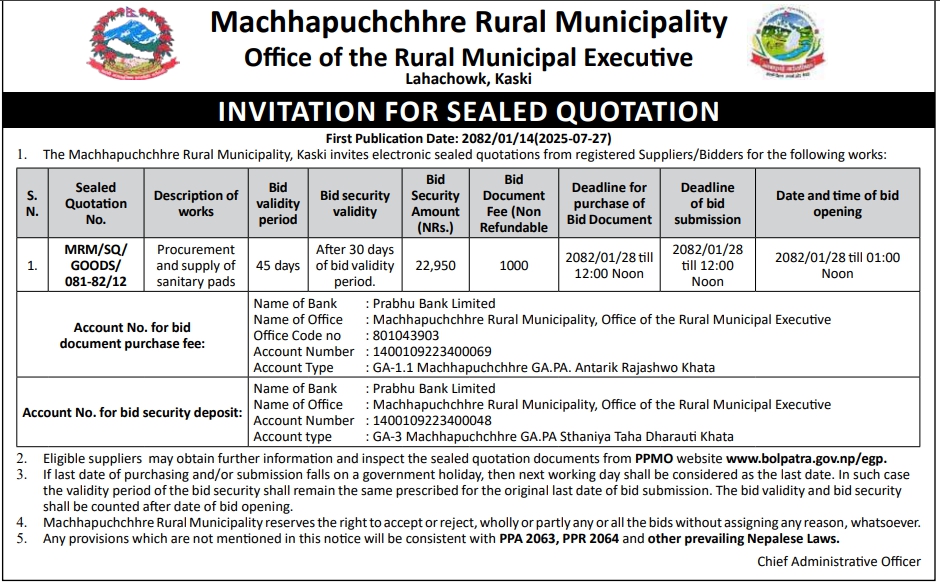 Invitation for Sealed Quotation for Procurement and Supply of Sanitary Pads