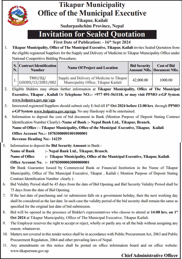 Invitation for Sealed Quotation for the Supply and Delivery of Medicine to Tikapur Municipality