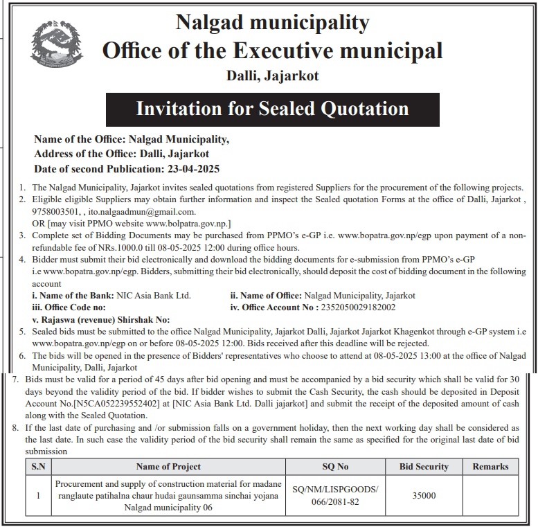 Invitation for Sealed Quotation for Supply of Construction Materials for Irrigation Project