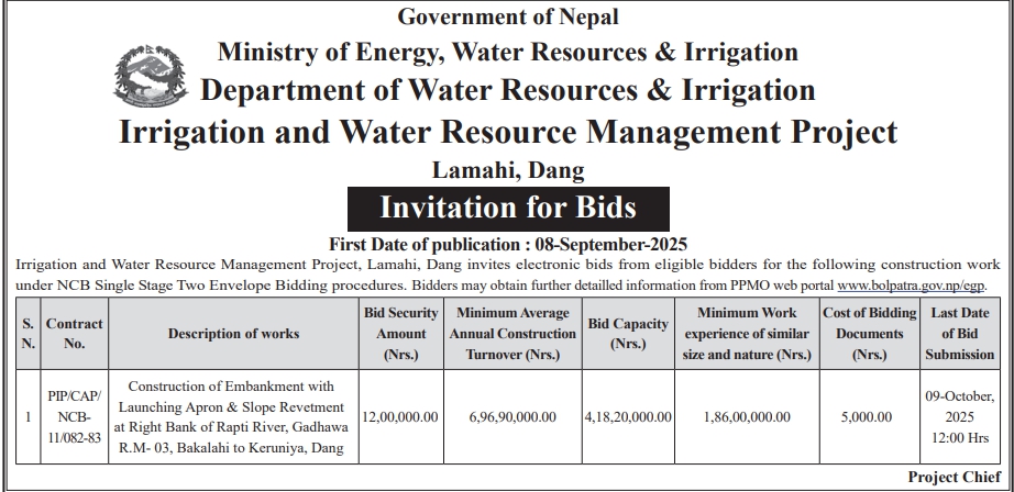 Invitation For Bids For Irrigation and Water Resource Management Project, Lamahi, Dang