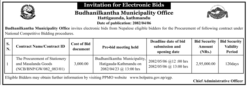 Invitation For Electronic Bids For Procurement Of Stationery And Masalanda Goods