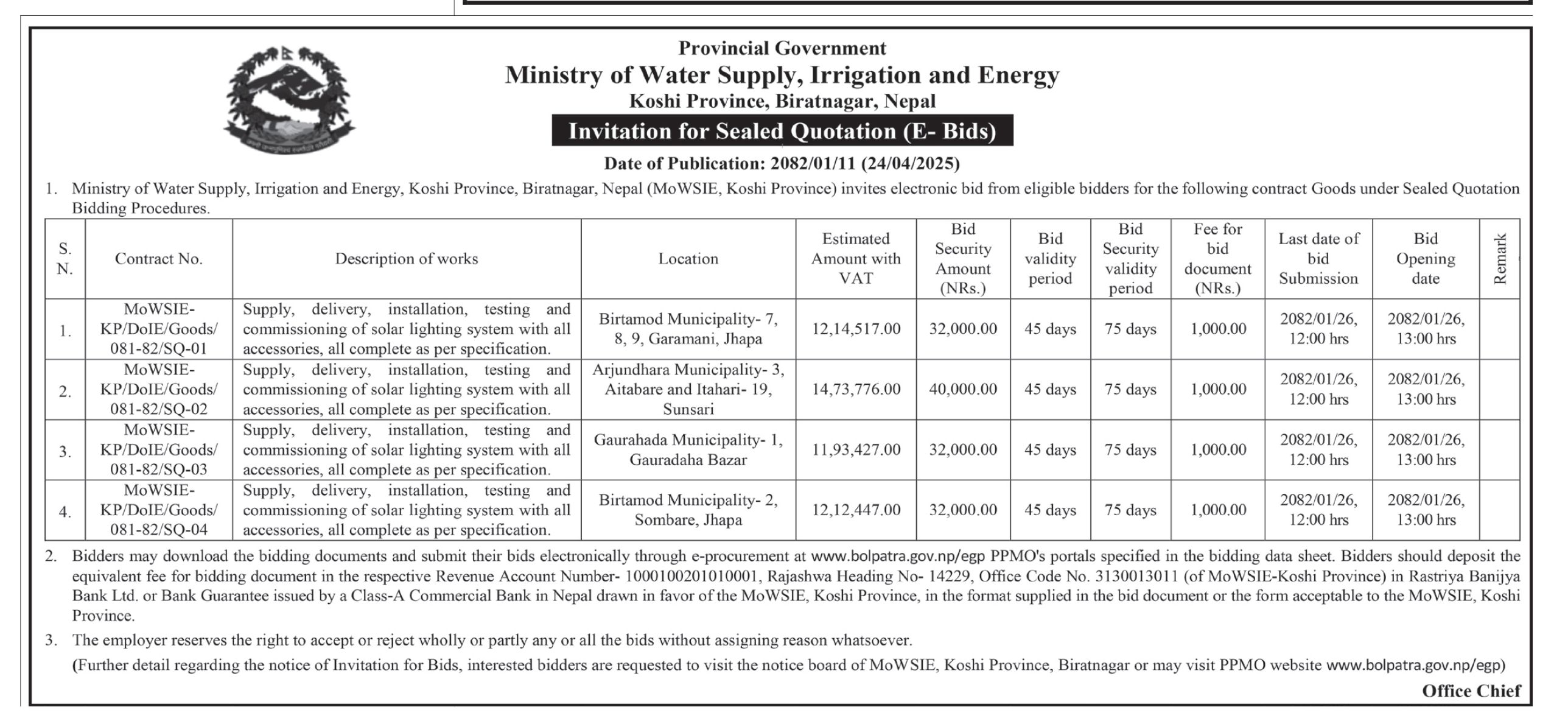 Invitation for Sealed Quotation for Supply, Delivery, Installation, Testing and Commissioning of Solar Lighting System