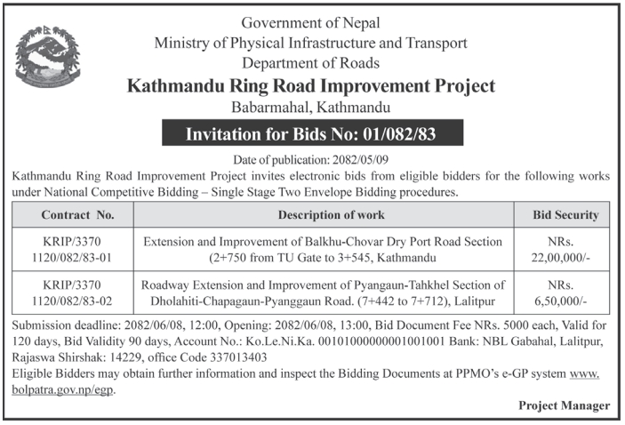 Invitation For Bids For Extension And Improvement Of Road Sections