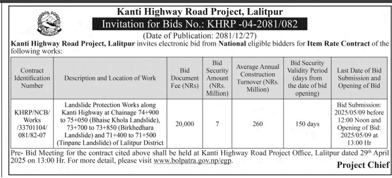 Invitation for Bids for Landslide Protection Works along Kanti Highway