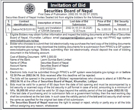 Invitation For Bid For Supply And Installation Of 125kva Generator