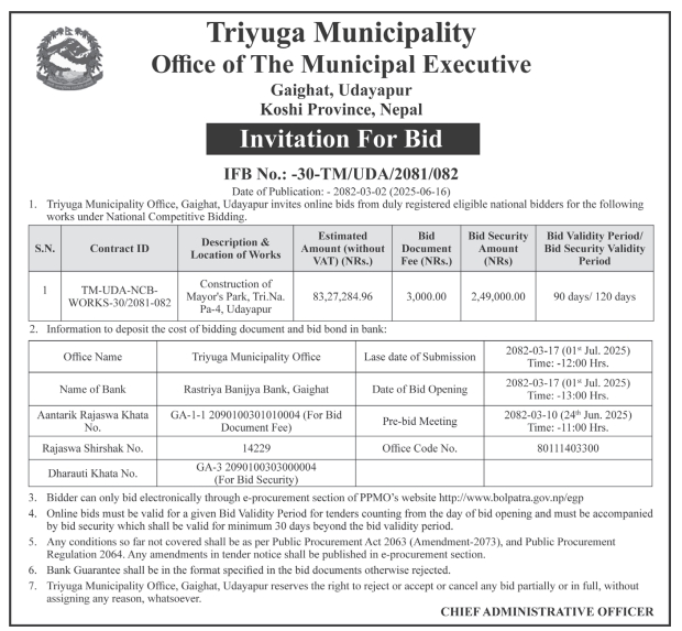 Invitation For Bid for construction of mayo's park