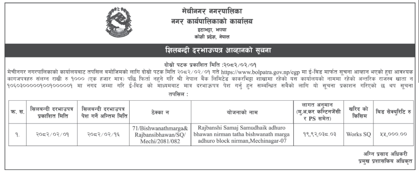 शिलबन्दी दरभाउपत्र आव्हानको सूचना