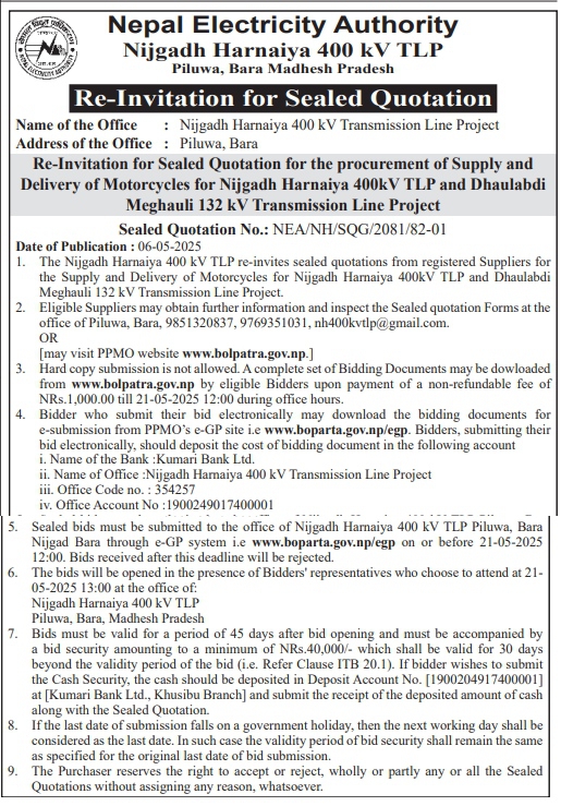 Re-Invitation for Sealed Quotation for the Procurement of Supply and Delivery of Motorcycles for Nijgadh Harnaiya 400kV TLP and Dhaulabdi Meghauli 132 kV Transmission Line Project