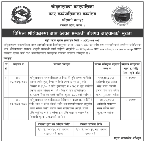 बोलपत्र आह्वानको सूचना – निकासी हुने कच्चा/शुद्ध पानी, माटो, पांगो, काँचो ईट्टा आदिबाट राजस्व संकलन सम्बन्धी आय ठेक्का (तेस्रो पटक)