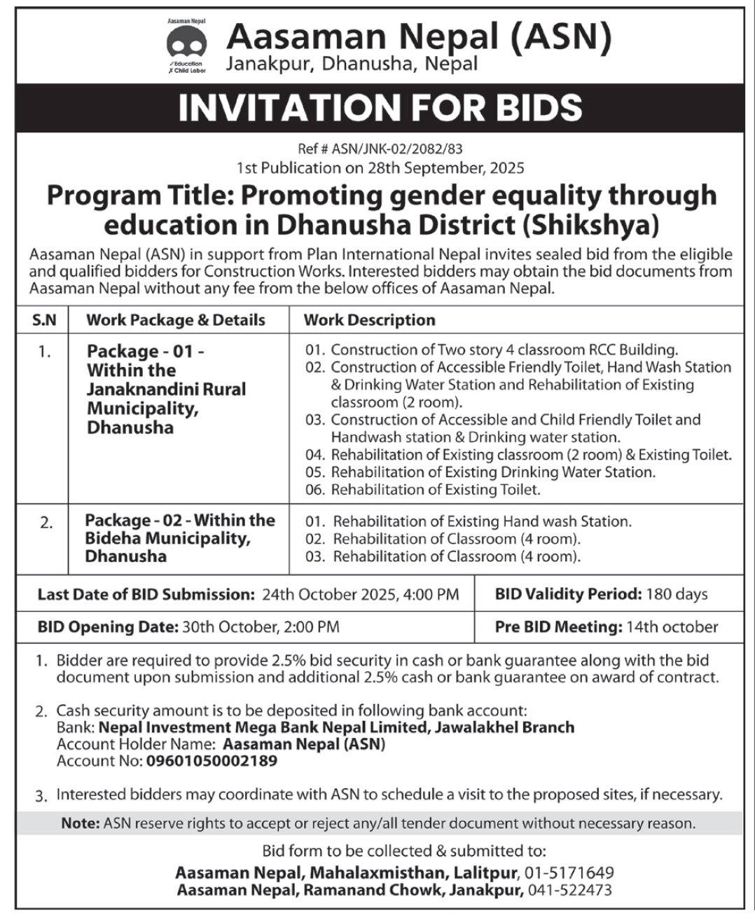 Invitation For Bids For Construction And Rehabilitation Works In Dhanusha District