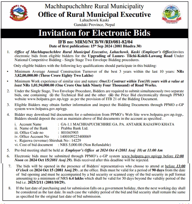 Invitation for Electronic Bids for Upgrading Lumre-Tilchi-Koleli-Lawang Road