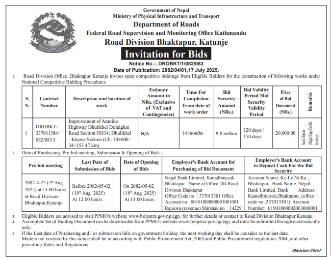 Invitation For Bids For Improvement Of Araniko Highway
