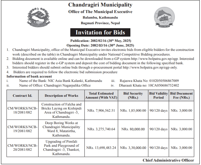 Invitation For Bids For Construction Of Falcha, Brick Laying, Deep Boring Works, And Park Upgrading