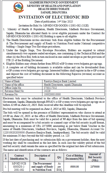 Invitation for Electronic Bids for Supply of Nutrition Food