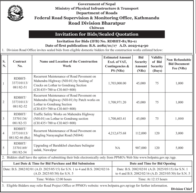 Invitation for Bids/Sealed Quotation for Various Construction Related Works