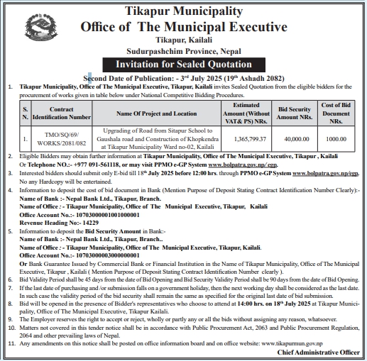 Invitation For Sealed Quotation For Upgrading Of Road And Construction Of Khopkendra