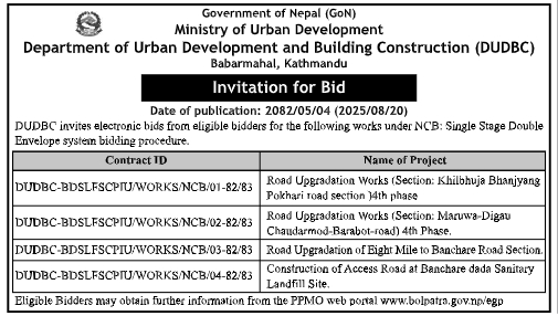 Invitation For Bids For Road Upgradation And Access Road Construction Works